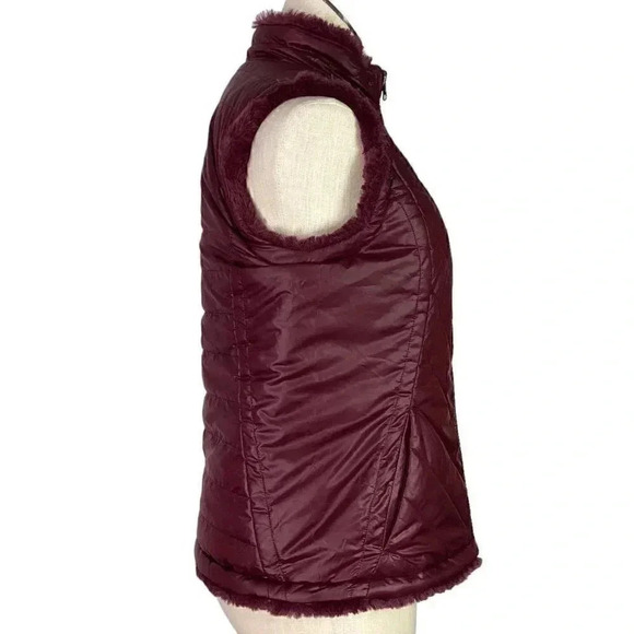 Nicole Miller Original Women S Fuax Fur Lined Reversible Quiled Zip Up Vest Wine - Picture 4 of 13